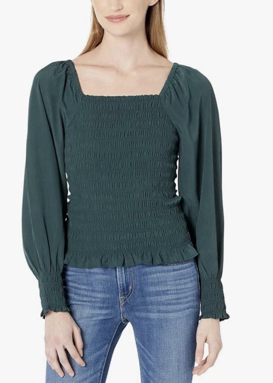 MADEWELL Womens large Lucie Bubble Sleeve Smocked Top Dark Green bohemian y2k